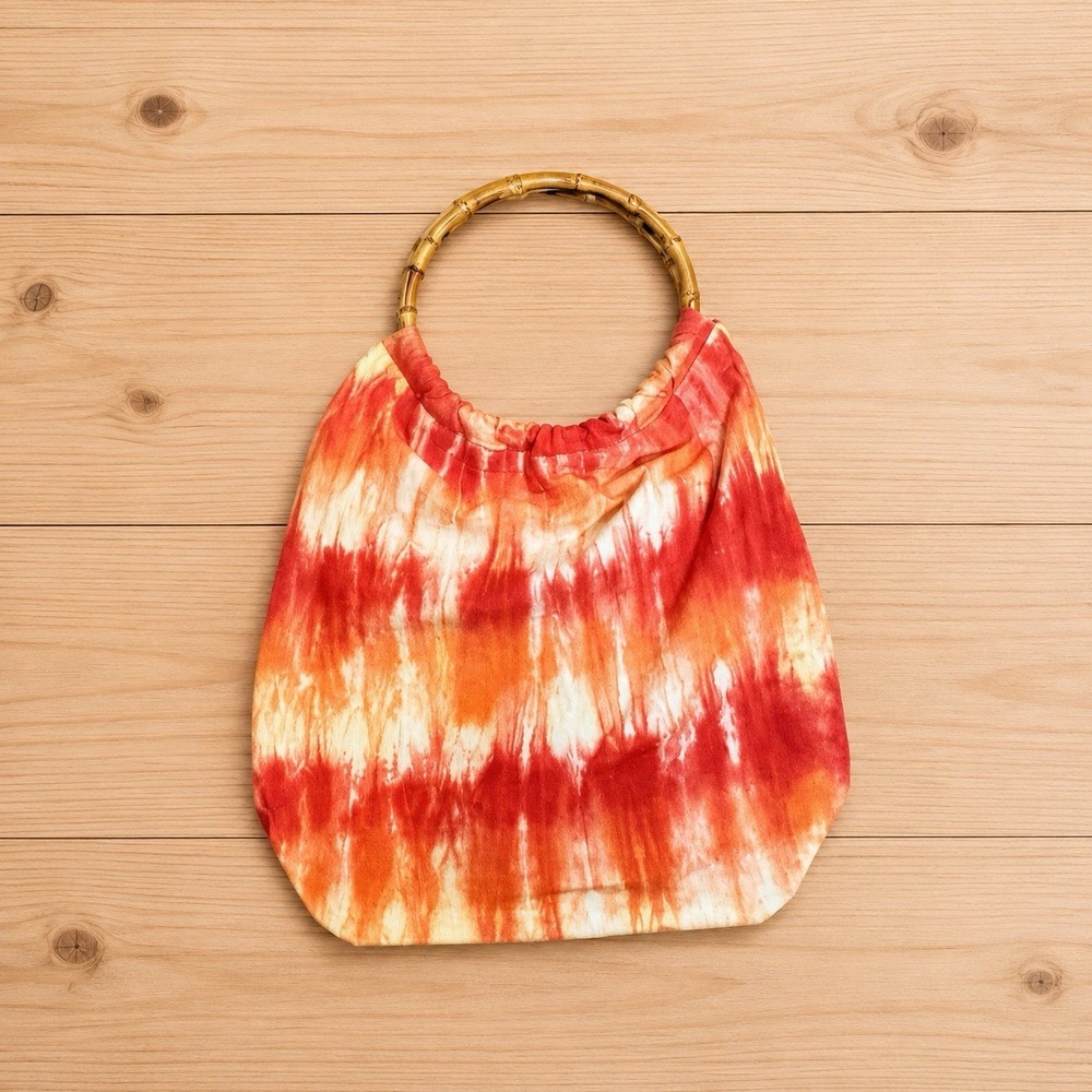 Lands' End Reversible Tie-Dye Cotton Tote Bag Bamboo Handles Orange Red Boho[Z]